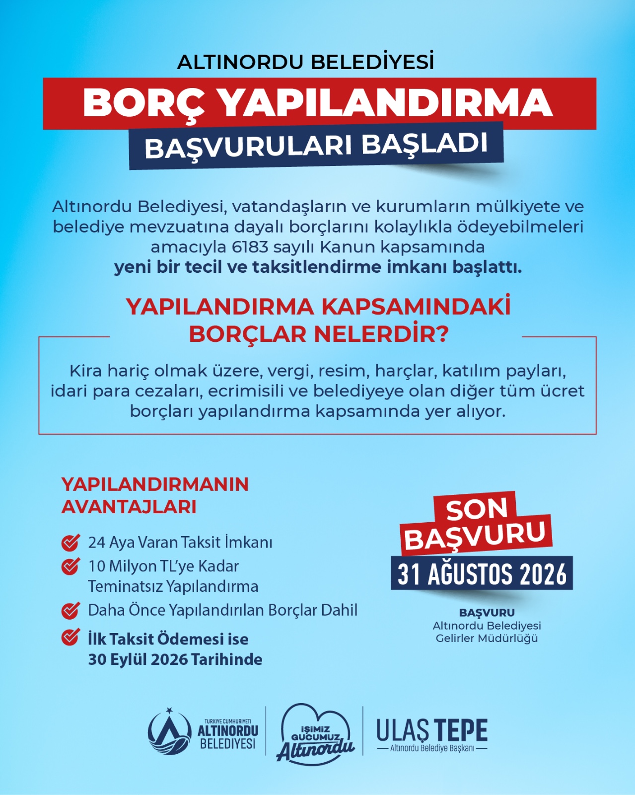 ALTINORDU BELEDİYESİ’NDEN BORÇLARA YAPILANDIRMA FIRSATI